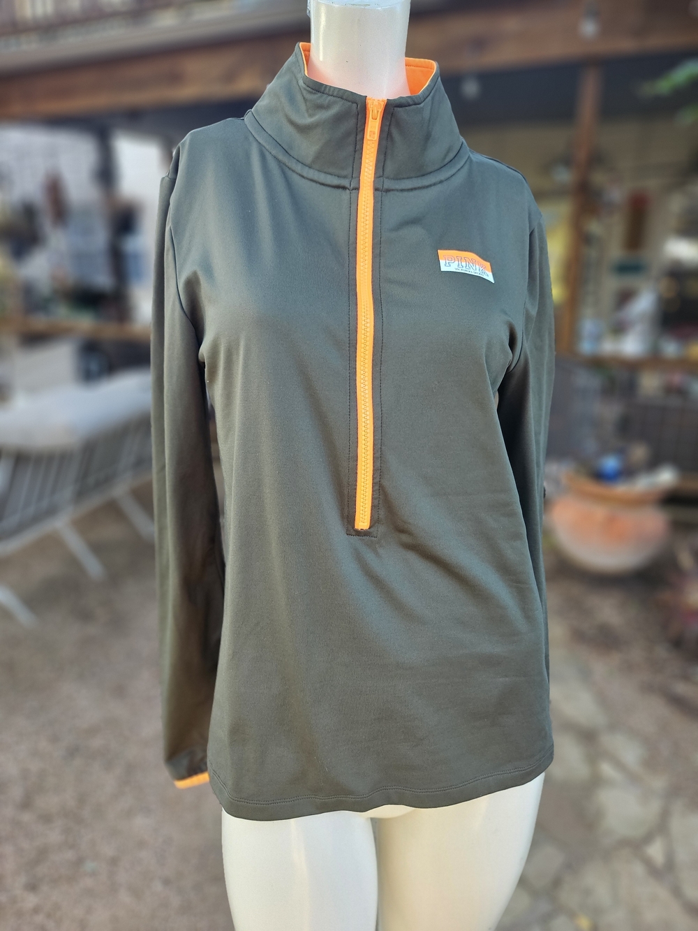 Victoria's Secret PINK Ultimate Half-Zip Pullover Olive Green Orange L